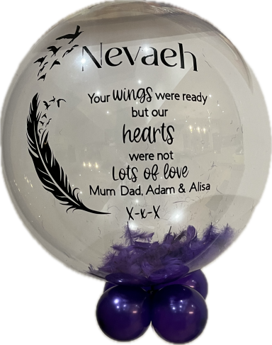 Clear glass ball with a feather design and message about love and remembrance for Nevaeh.