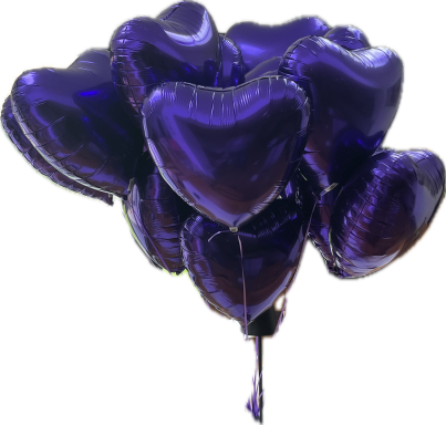 A cluster of dark purple heart-shaped balloons.